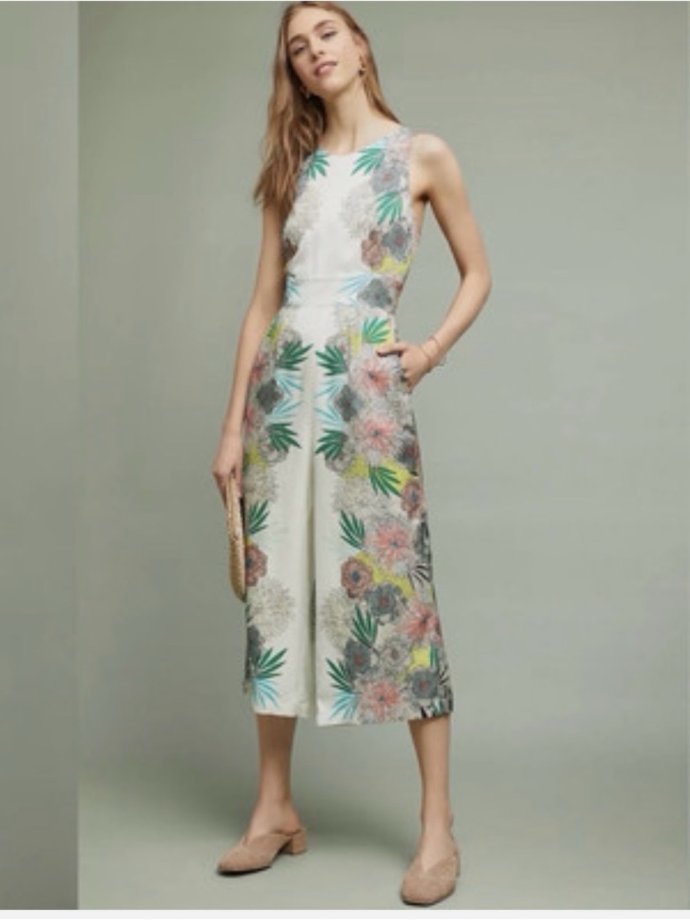 Anthropologie White Floral Cropped Jumpsuit